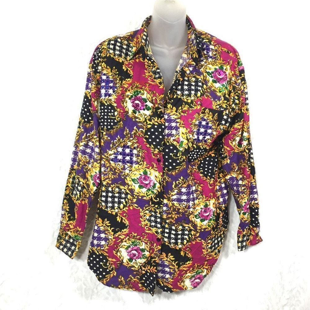 Andrew Sports Studio Women's Vintage Button Up Embellished Floral Sequence Shirt